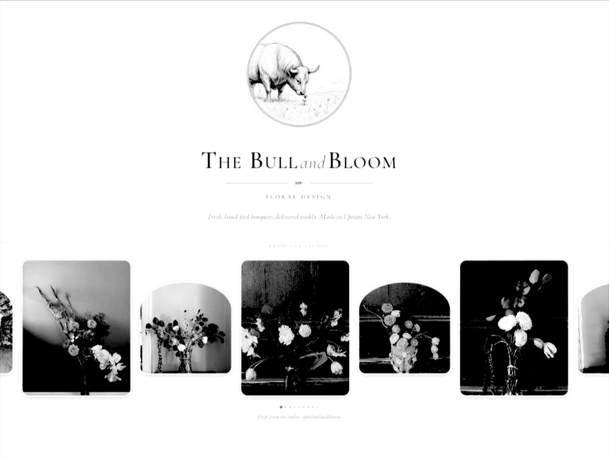 The Bull and Bloom home page: the bull logo, the wordmark and a row of bouquets
